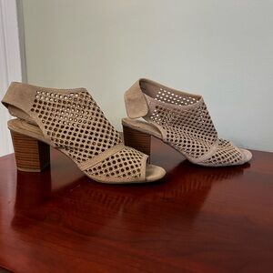 Kim Rogers Faux Suede Taupe Peep-Toe Low Heels with Gold Beading - Size 10